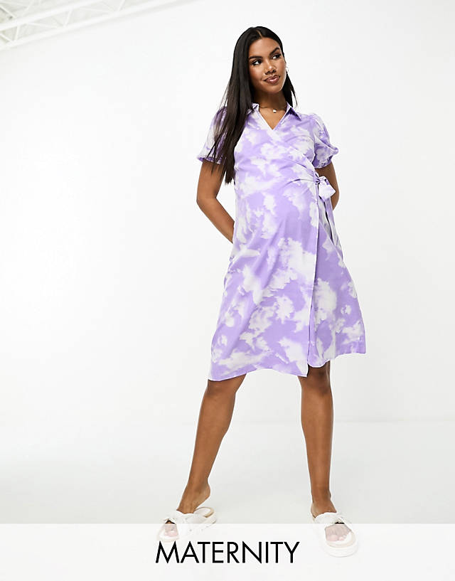 Mama.licious - Mamalicious Maternity wrap front midi dress in lilac and white