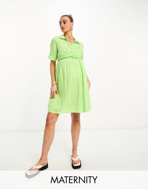 Mamalicious Maternity nursing knitted midi shirt dress with tie waist in  khaki