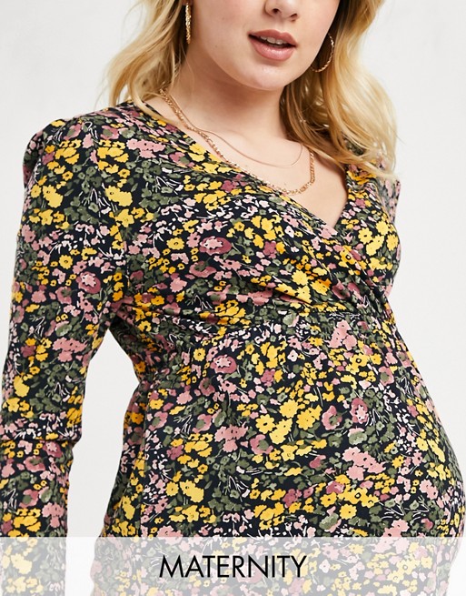 Mamalicious Maternity wrap front top in ditsy floral