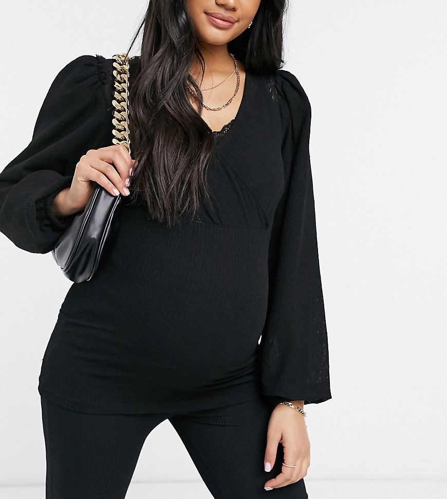 Mamalicious Maternity wrap front top with flared sleeves in black