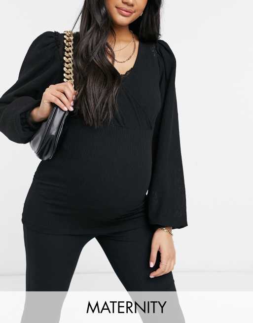 Mamalicious Maternity wrap front top with flared sleeves in black