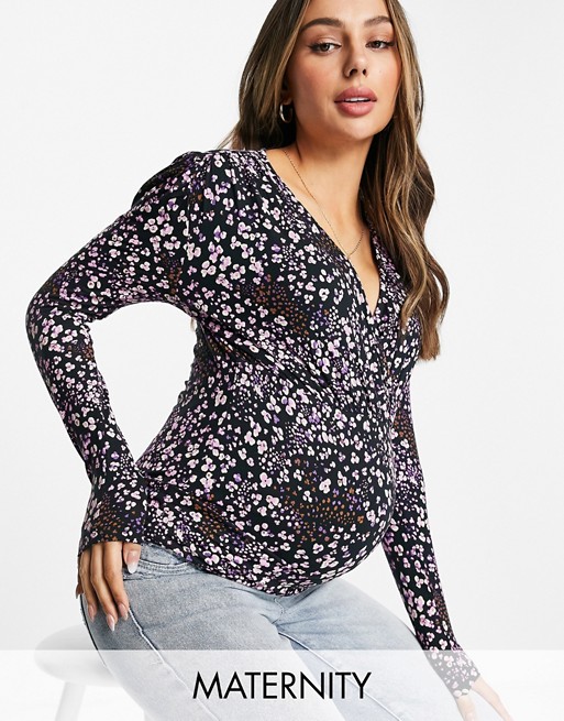 Mamalicious Maternity nursing wrap front top with long sleeves in dark floral