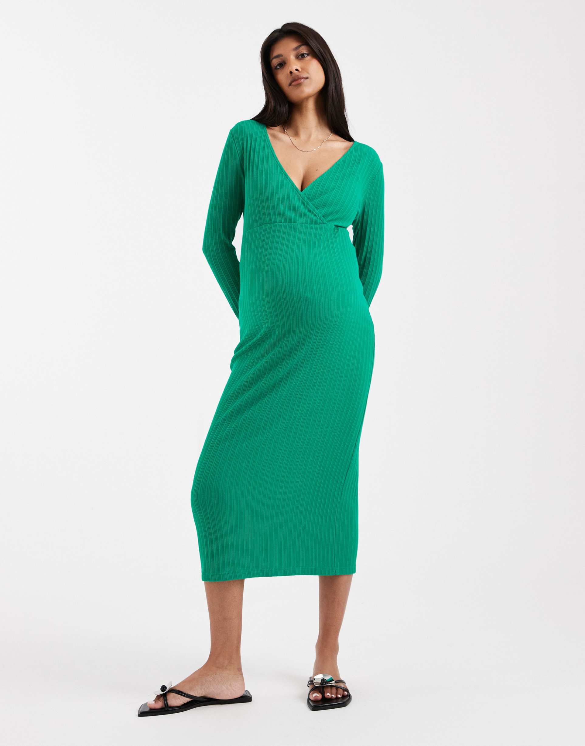 mamalicious maternity wrap long sleeve ribbed nursing midi dress in green