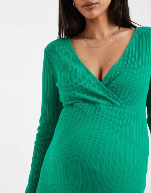 Mamalicious Maternity wrap long sleeve ribbed nursing midi dress in green, 3 of 4