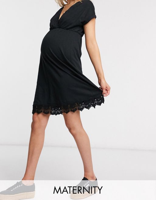 Mamalicious Maternity wrap midi dress with lace hem and nursing function in black