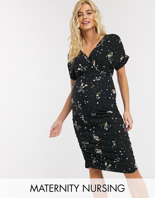 Mamalicious Maternity wrap mini dress with nursing function in black floral