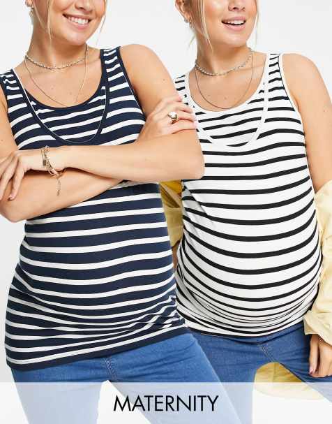 Mamalicious Maternity 2 pack vests with nursing function in mixed stripes