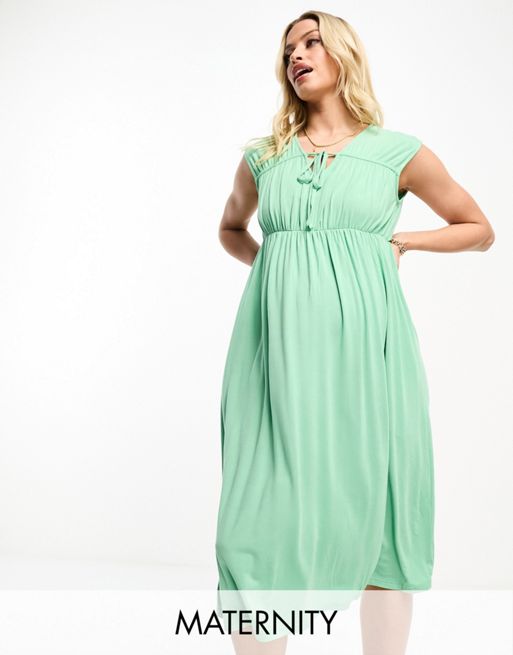 Mamalicious Maternity – Zielona zbierana sukienka maxi bez rękawów 