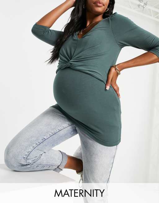 Mamalicious Maternity – Zielony top z rękawami 3/4 i ozdobnym węzłem z przodu – MGREEN
