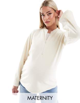 Mama.licious Mamalicious Maternity zip front fleece with wide sleeves in cream-White