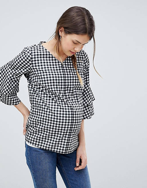 Mamalicious Nursing Gingham Top With Tiered Sleeves