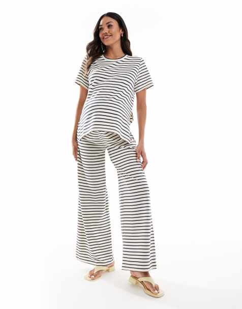 Mamalicious - Pantalon large de grossesse d'ensemble en jersey à rayures - Crème et bleu marine - view 1