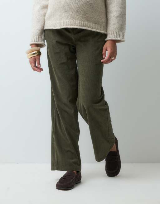 Mamalicious pantalón premamá de pernera recta con cintura anudada de pana en verde oscuro, 3 de 5