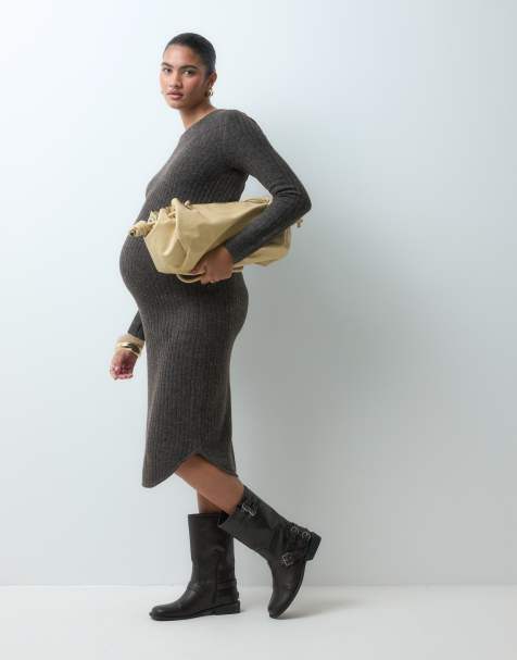 Mamalicious premaman vestito midi in maglia a coste a maniche lunghe marrone - view 1