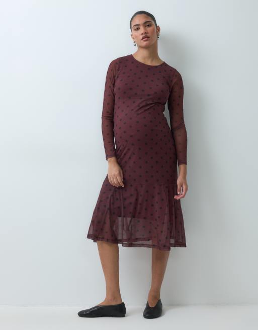 Mamalicious premaman vestito midi in rete a maniche lunghe a pois bordeaux, 2 di 5