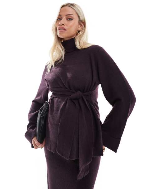 Mamalicious - Pull col roulé d'ensemble de grossesse en maille avec liens à la taille - Prune - view 1