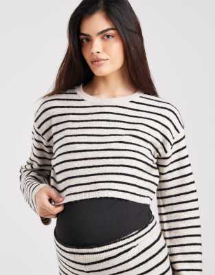 Mamalicious - Pull d'ensemble de grossesse court en maille rayée à manches longues - Noir/crème-Blanc 2XL