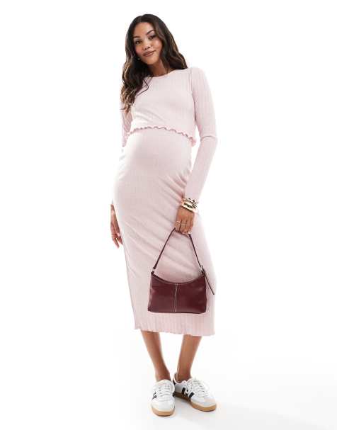 Mamalicious ribbed crop top and midi skirt co-ord in soft pink - view 1