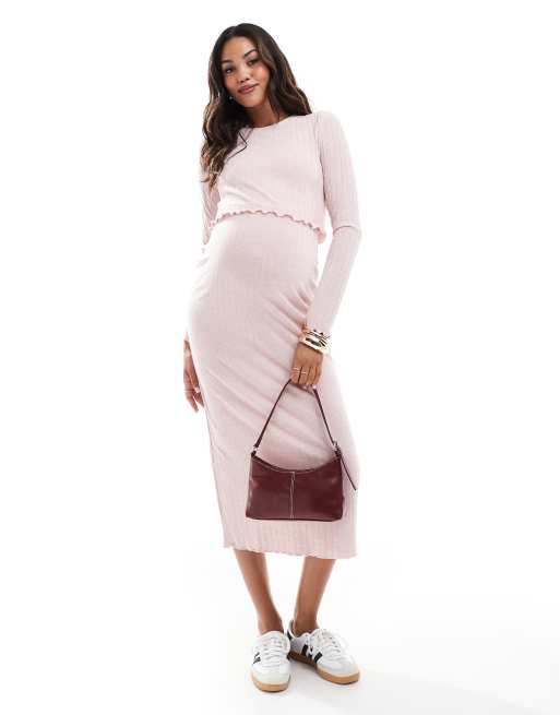 Mamalicious ribbed crop top and midi skirt co-ord in soft pink