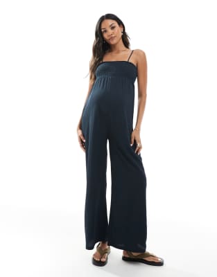 Mamalicious - Riemchen-Jumpsuit in Marineblau mit weitem Bein