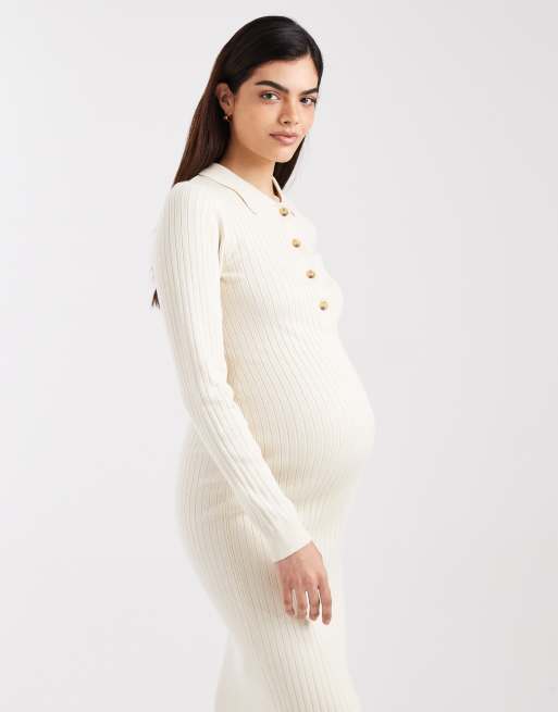 Mamalicious - Robe côtelée mi-longue 2-en-1 d'allaitement boutonnée devant à manches longues - Crème, 2 de 4