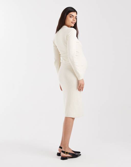 Mamalicious - Robe côtelée mi-longue 2-en-1 d'allaitement boutonnée devant à manches longues - Crème, 3 de 4