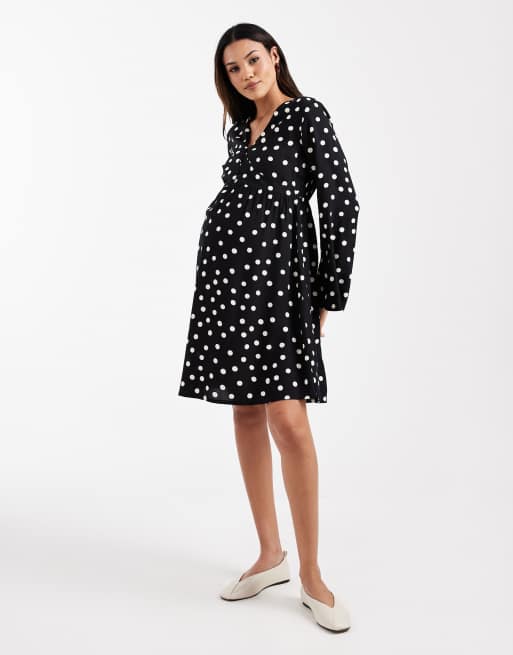 Mamalicious - Robe de grossesse et d'allaitement courte à pois et boutons à l'avant - Noir, 2 de 4