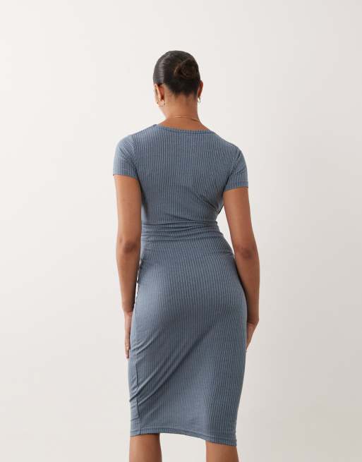Mamalicious - Robe de grossesse mi-longue à manches courtes et nœud devant avec fonction d'allaitement - Bleu, 2 de 4