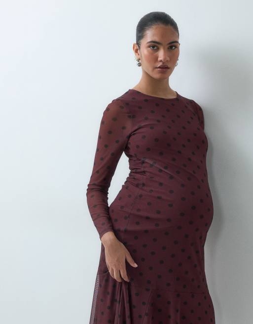 Mamalicious robe de grossesse mi-longue en tulle à manches longues à pois bordeaux, 4 de 5
