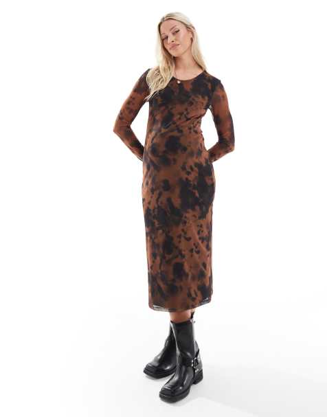 Mamalicious - Robe de grossesse mi-longue en tulle à manches longues - Imprimé marbré moka - view 1