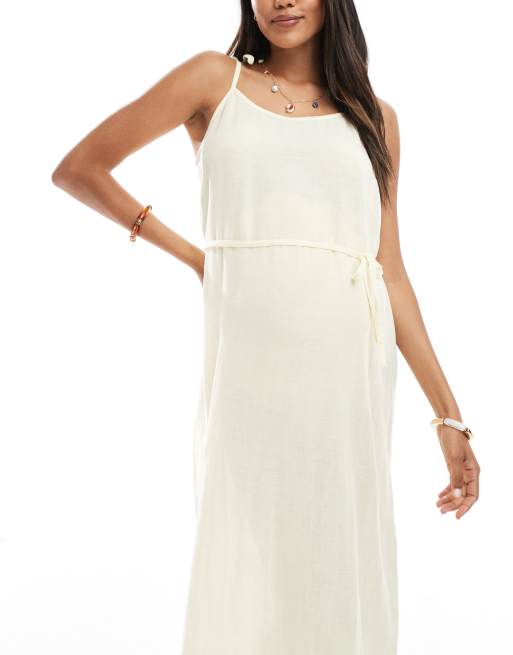Mamalicious - Robe de grossesse texturée mi-longue à bretelles fines et taille nouée - Jaune pâle, 3 de 4