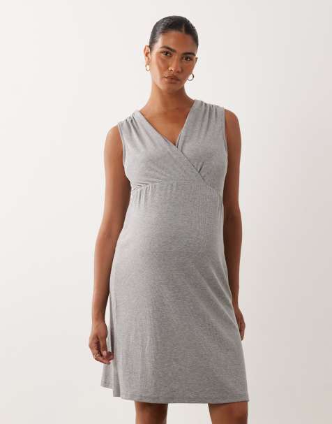Mamalicious - Robe de nuit de grossesse cache-cée devant - Gris clair chiné - view 1