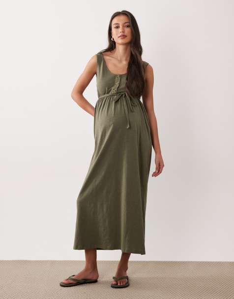 Mamalicious - Robe d'été de grossesse et d'allaitement longue boutonnée - Kaki foncé - view 1