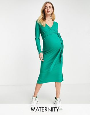 Robes mi-longues Mamalicious - Robe longue de maternité en jersey coupe portefeuille - Vert