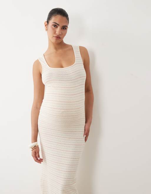 Mamalicious - Robe mi-longue de grossesse en jersey crocheté à rayures et encolure carrée - Crème et multicolore, 2 de 4
