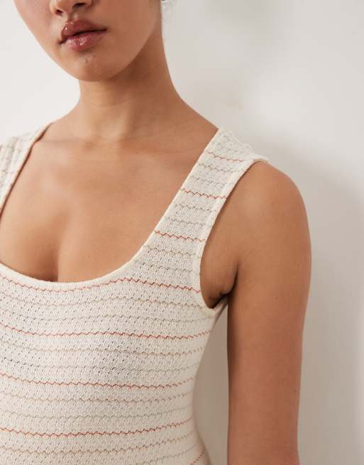 Mamalicious - Robe mi-longue de grossesse en jersey crocheté à rayures et encolure carrée - Crème et multicolore, 3 de 4