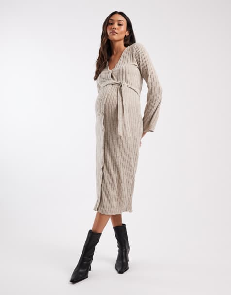 Mamalicious - Robe mi-longue de grossesse en maille côtelée ultra-douce à taille nouée - Crème chiné - view 1