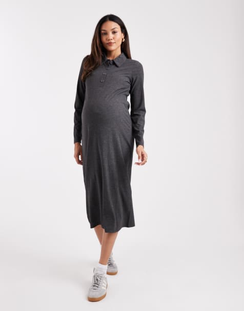 Mamalicious - Robe mi-longue de grossesse et d'allaitement en jersey côtelé avec col polo - Gris chiné - view 1