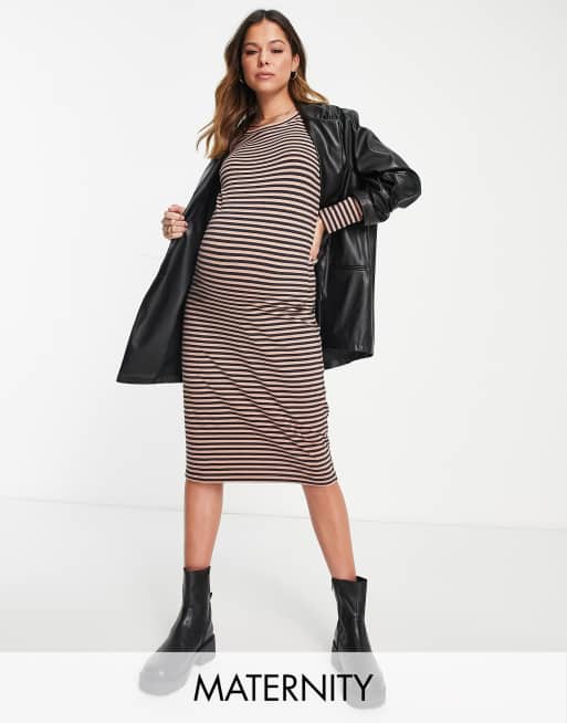 Mamalicious - Robe mi-longue de maternité en coton à manches longues et rayures - NAVY
