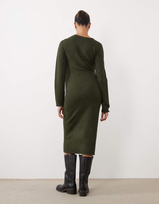 Mamalicious robe mi-longue en maille de grossesse avec nœud sur le devant en vert foncé, 4 de 4