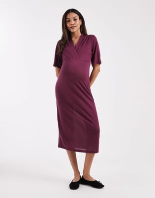 Mamalicious - Robe portefeuille mi-longue de grossesse en jersey à manches courtes - Bordeaux-Rouge XL