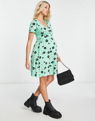 Mama.licious short sleeve v neck mini dress in green abstract floral print
