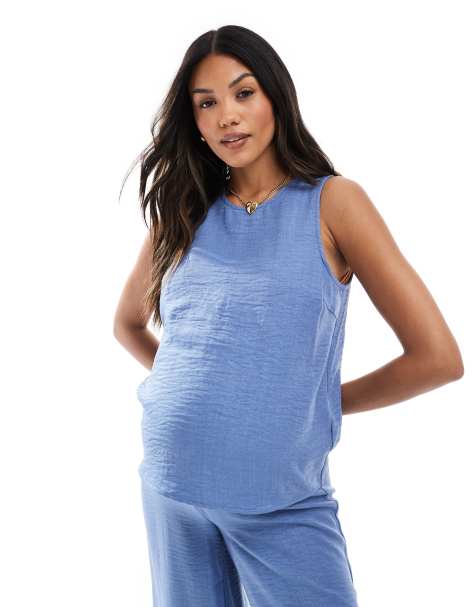 Mamalicious – Tanktop in Blau mit Knitterstruktur und seitlichem Bindedetail, Kombiteil - view 1