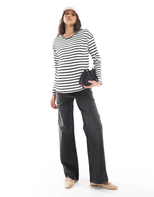 Mamalicious - Top de grossesse en jersey gaufré à manches longues et rayures - Noir et blanc, 2 de 4