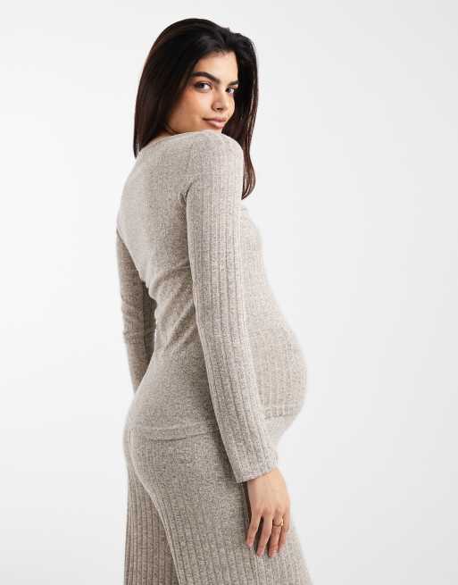Mamalicious - Top d'ensemble de grossesse et d'allaitement double fonction boutonné sur le devant à manches longues - Kaki chiné, 4 de 4