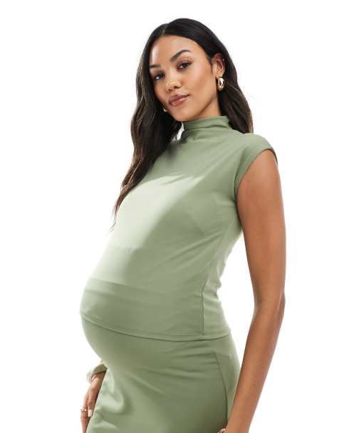 Mamalicious - Top in jersey verde lichene con maniche ad aletta e scollo dritto in coordinato - view 1