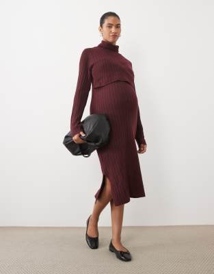 Mamalicious Damen Windsor Wine Detail:melange Strickkleid "Mlsuniva June Ls Knit Midi Dress 2F Noos" Materialmix Regular Fit von Baur - Bild 5