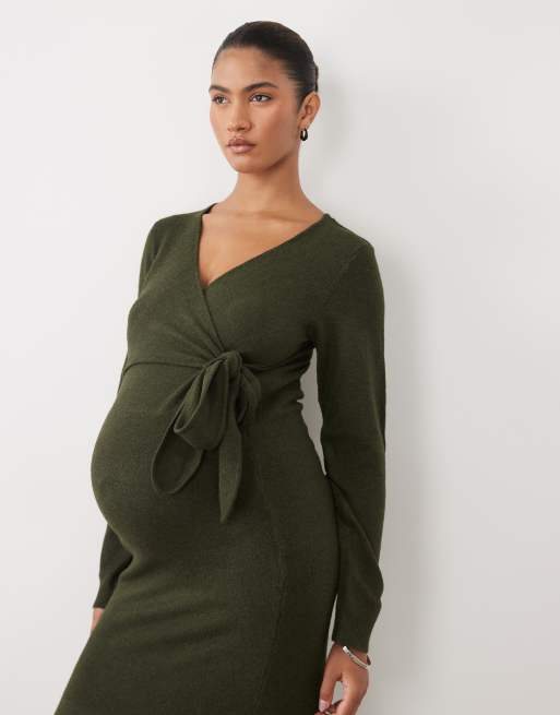 Mamalicious Umstands-Strick-Midikleid mit Knoten vorn in Dunkelgrün, 2 von 4