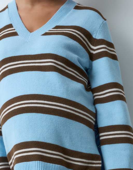 MAMALICIOUS Umstandsmode 2-in-1 Pullover mit V-Ausschnitt und hellblau-braunem Streifenmuster, 4 von 5