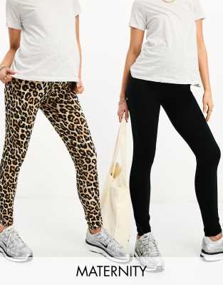 Mama.licious - Umstandsmode - 2er-Pack Leggings mit Überbauchbund in Schwarz und mit Leopardenmuster